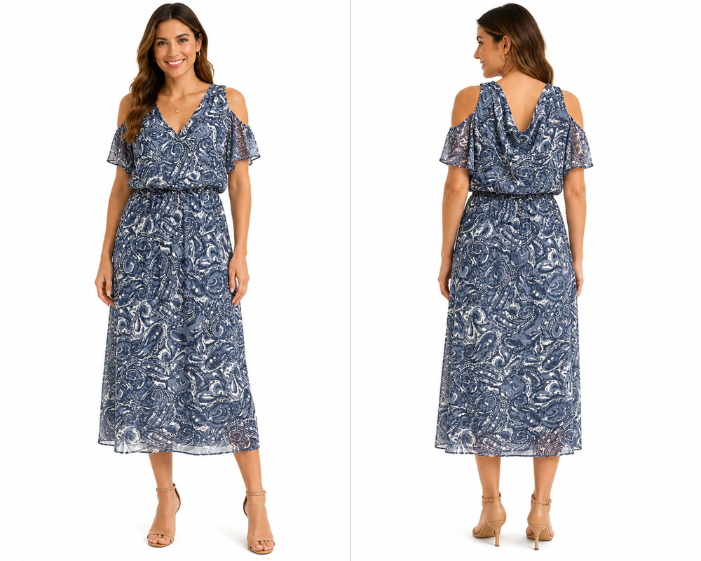 Nine West Blue Paisley Print Cold Shoulder Chiffon Midi Blouson Lined Dress sz 8